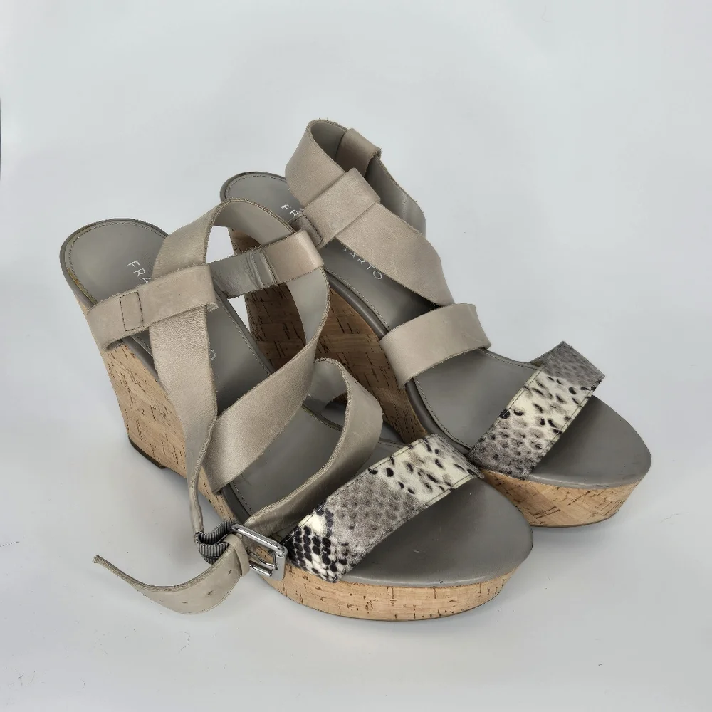 Franco Sarto Shania Wedge Sandal Gray Leather Snake‎ Size 8.5